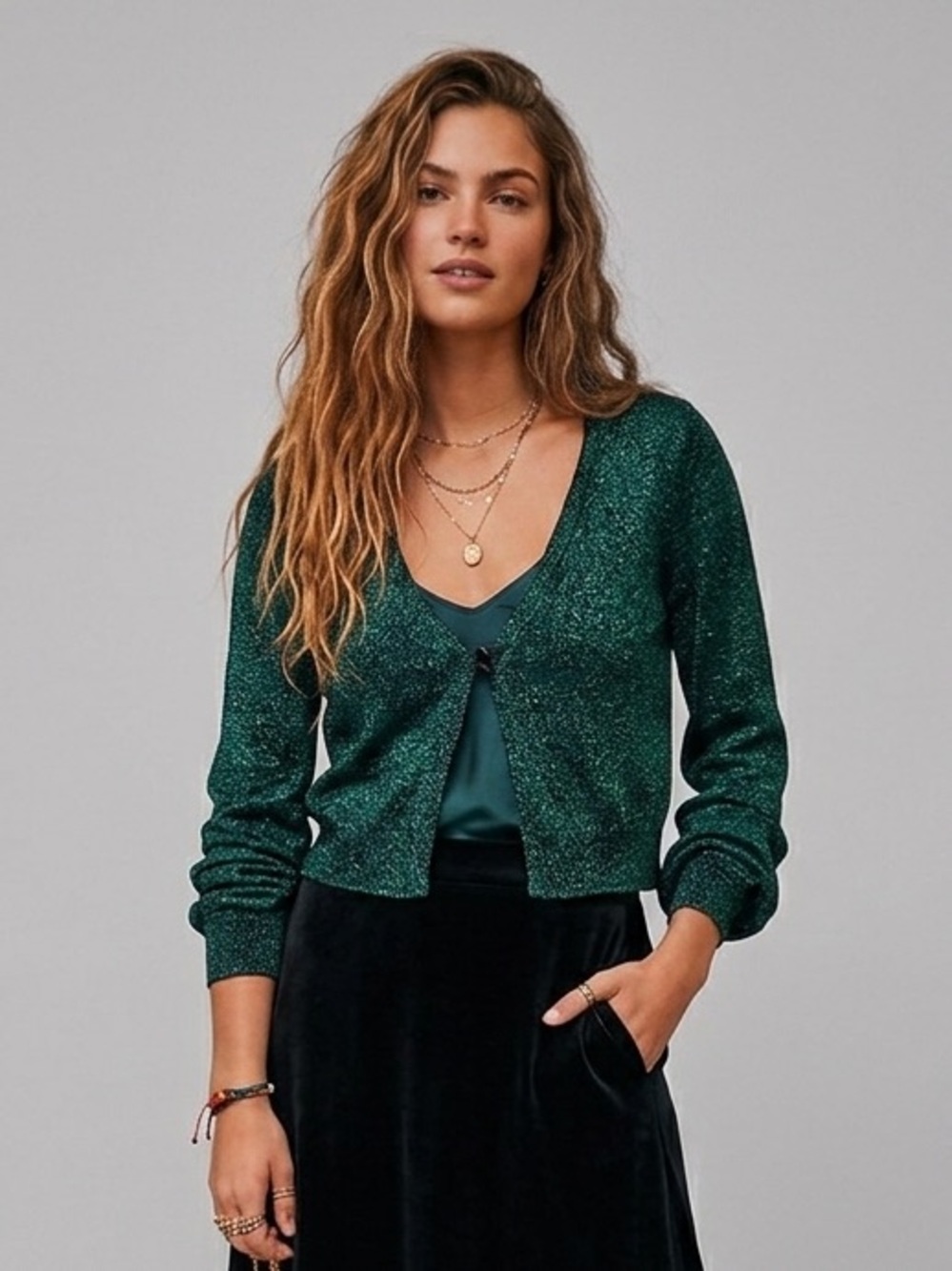 Free People Green Metallic Long Sleeve One Button Cardigan Size Medium